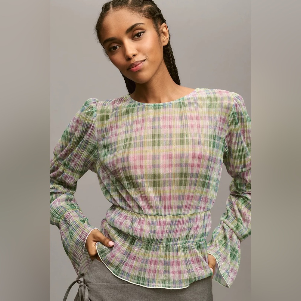 Anthropologie Porridge Green Plaid Top Cottage Preppy Blouse Sheer Metallic Sz S